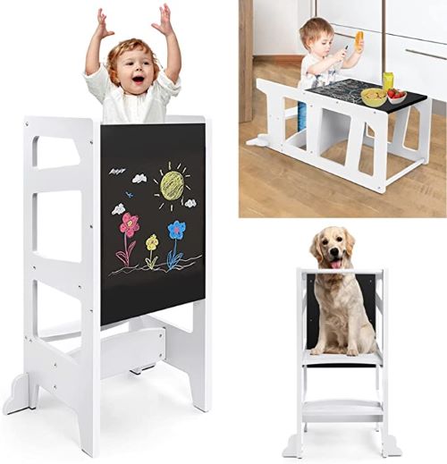 GOPLUS Tour D’Observation Montessori Bébé – Bois Naturel, Réglable 3 Niveaux, Tableau Blanc/Noir + Feutres – 1 à 7 Ans